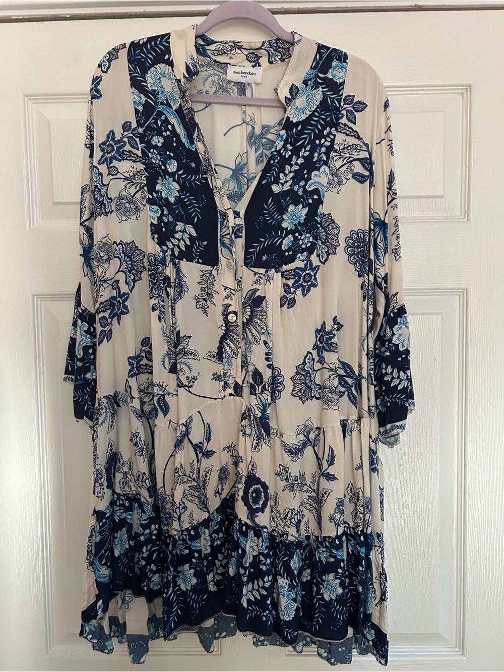 Nina Kendosa Blue Floral Tiered Mandarin Collar Mini Dress